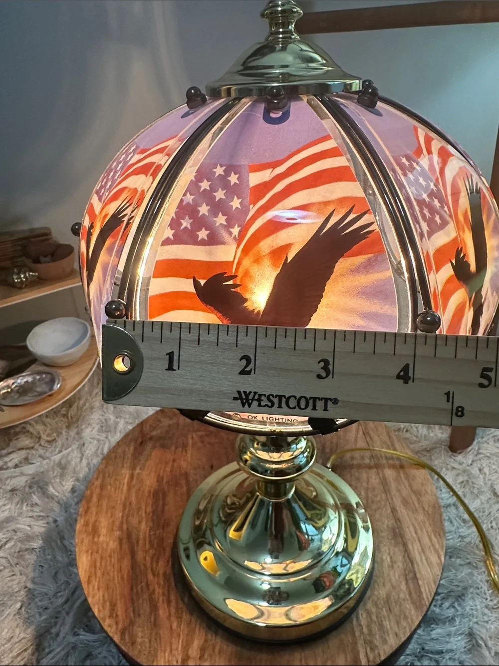 Vtg Patriotic Small Touch Lamp OK LIGHTING Bald Eagle Mountains American Flag